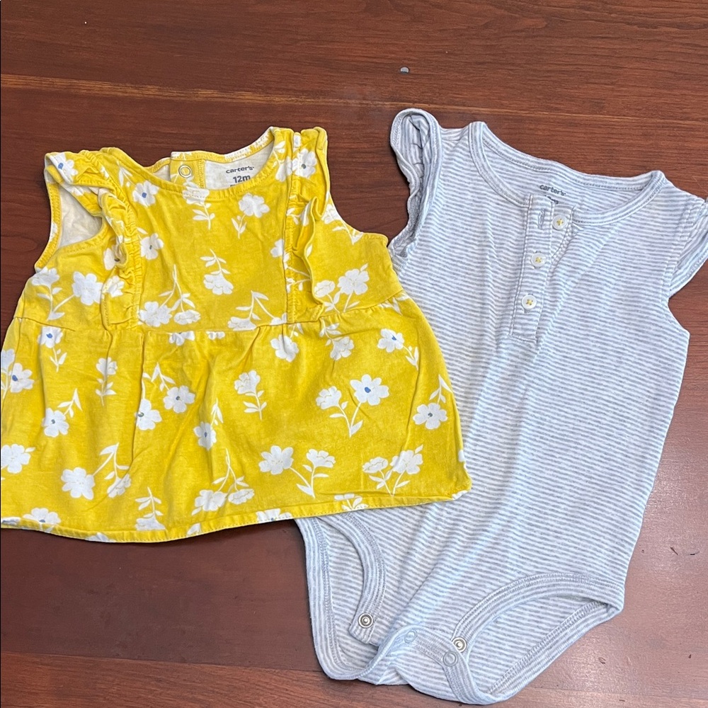 Carter's Gray Striped Onesie and Yellow Floral Sleeveless Top